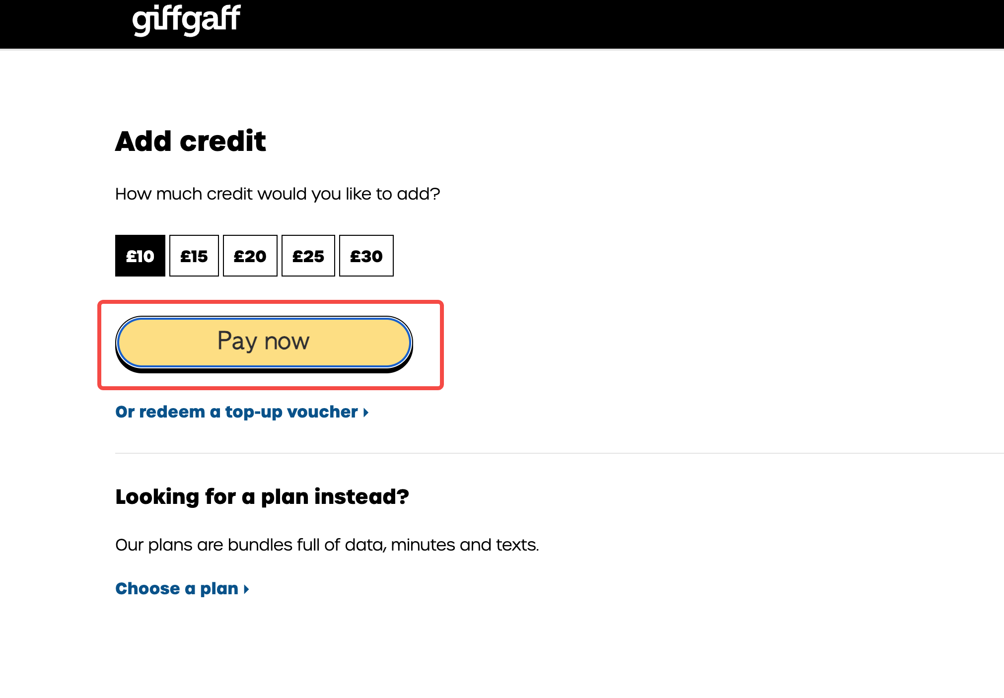 Choose £10 top-up