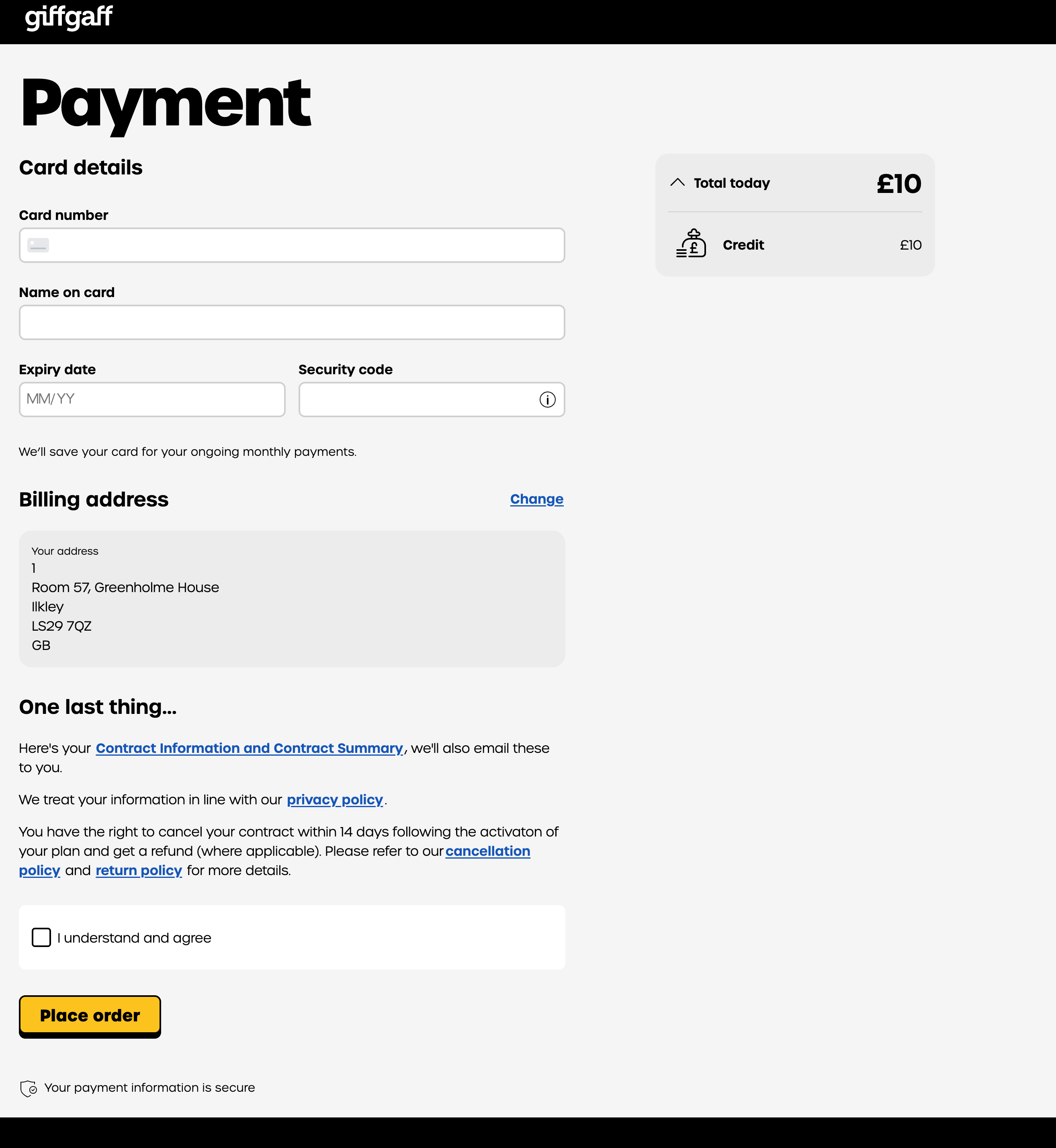 Payment screen